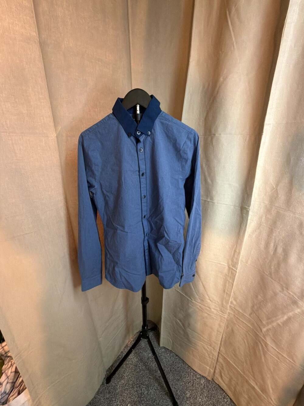 Express 1MX Extra Slim Fit Blue Button-Down Shirt with Contrast Collar